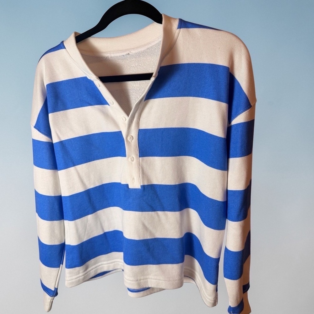 Blue White Striped Henley Pullover Cotton Modal French Terry Sweatshirt USA
